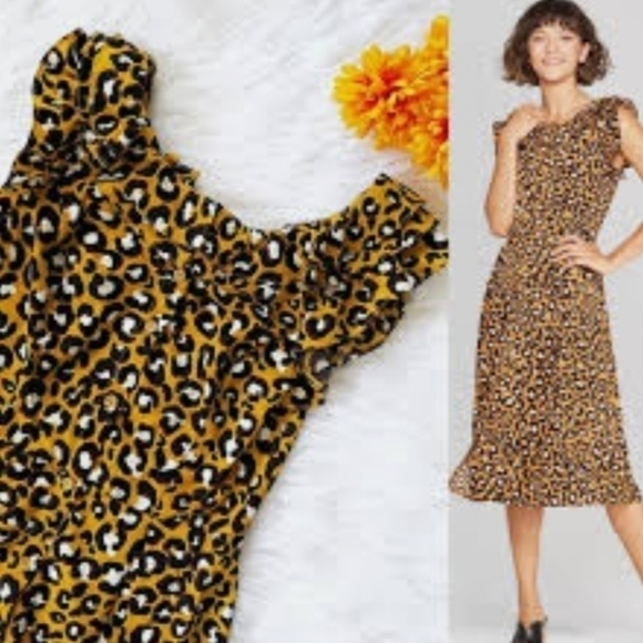 Who What Wear XS Leopard Print Button Frill Ruffle Boatneck Midi A Line Dress - Picture 1 of 9